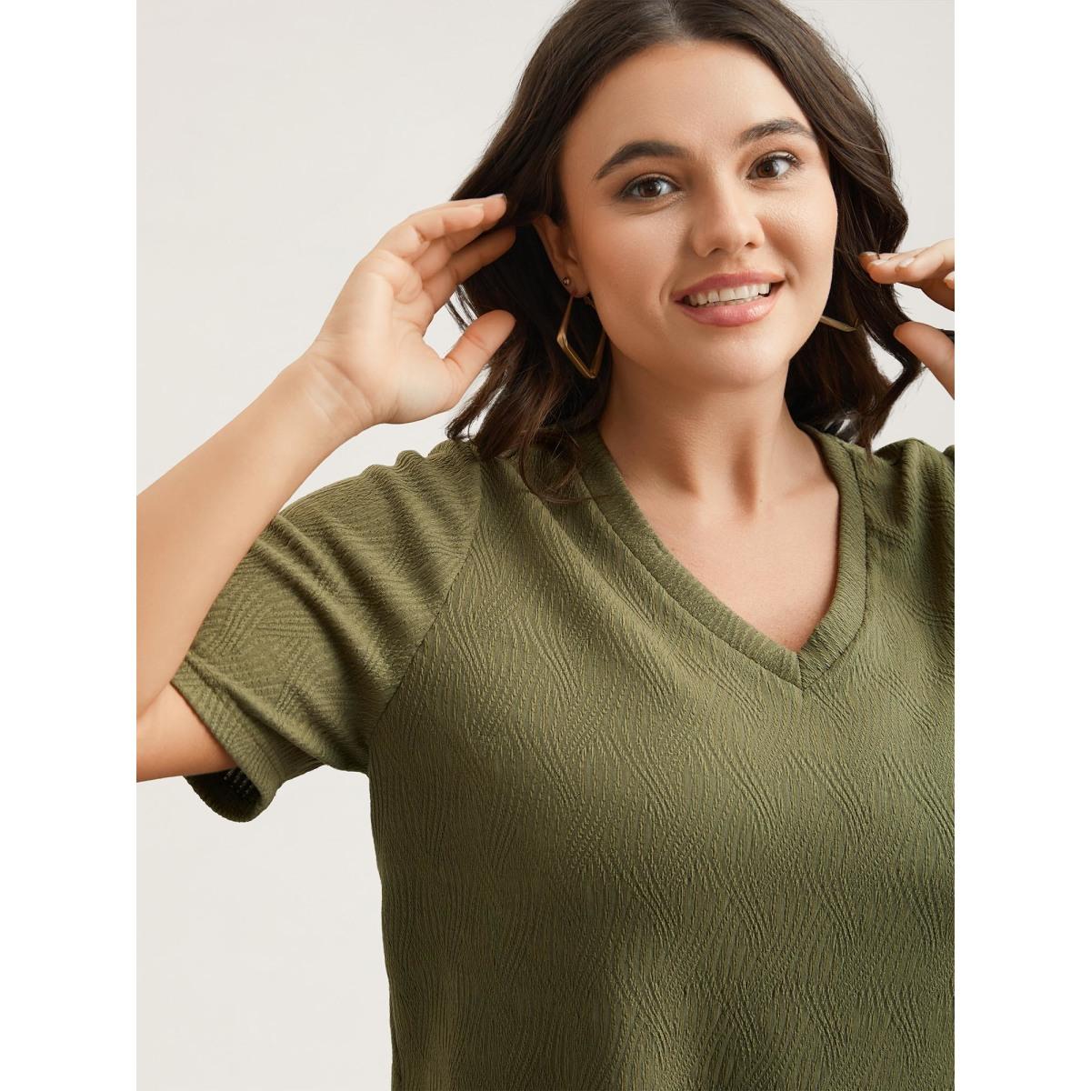 Plus Size Textured V-Neck Half Sleeve T-Shirt ArmyGreen Women Casual Texture V-neck Everyday T-shirts BloomChic 14-16/1X Product Image