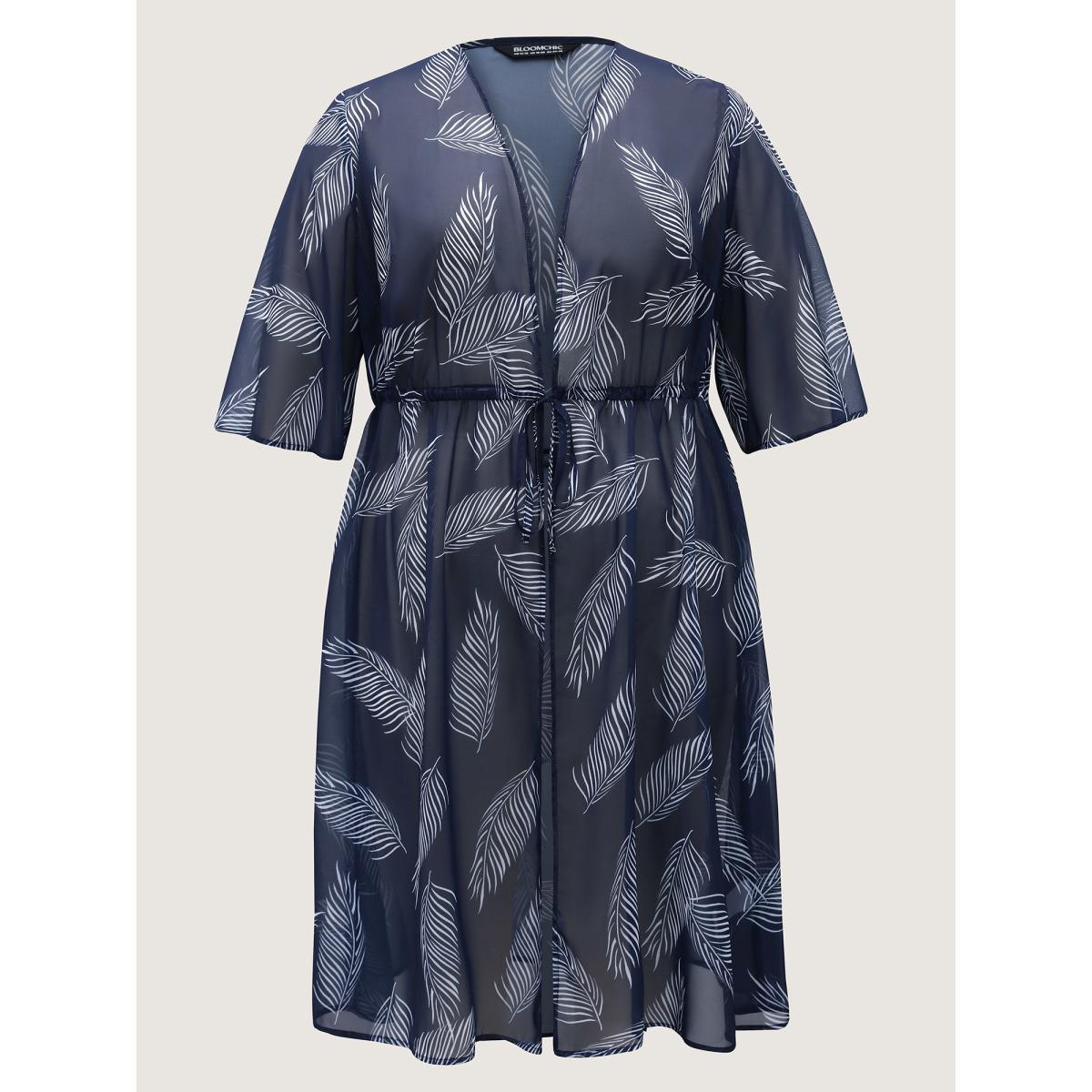 Plus Size Chiffon Feather Print Sheer Kimono Women DarkBlue See through Vacation Kimonos BloomChic 10/M Product Image