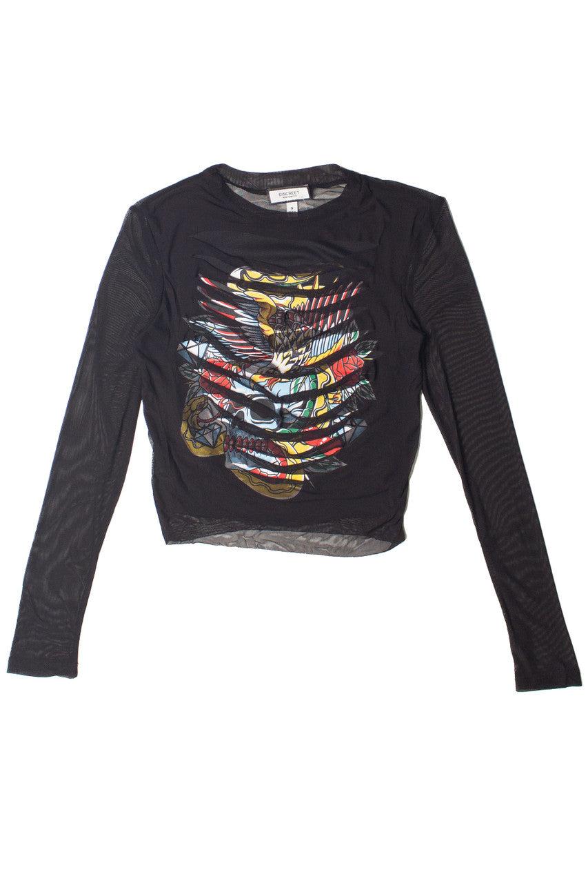 Distressed Skull Mesh Long Sleeve Top Product Image