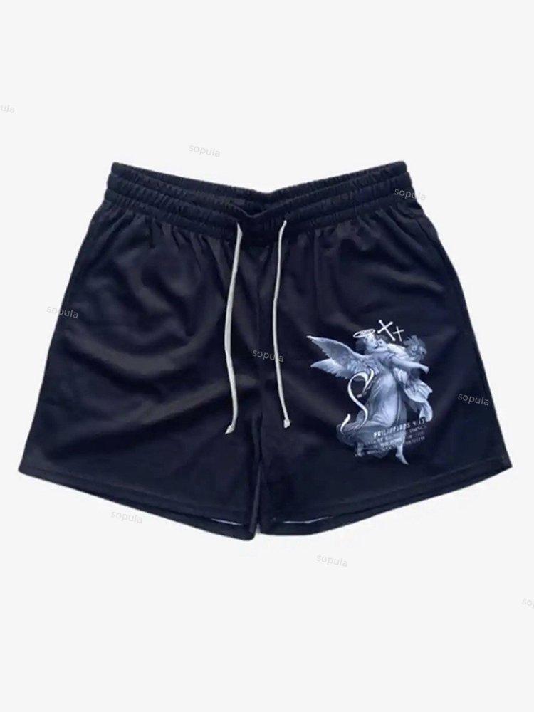 Sopula Streetwear Angel & Cross Print Mesh Shorts Product Image