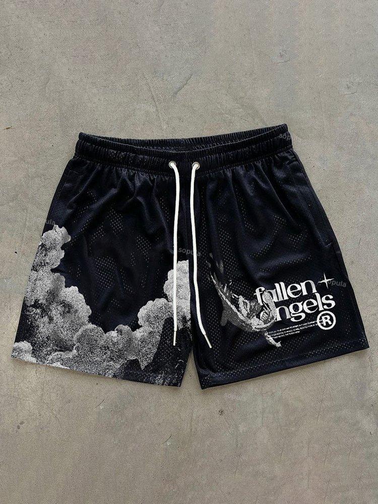 Vintage Fallen Angel Graphic Casual Street Mesh Shorts Product Image