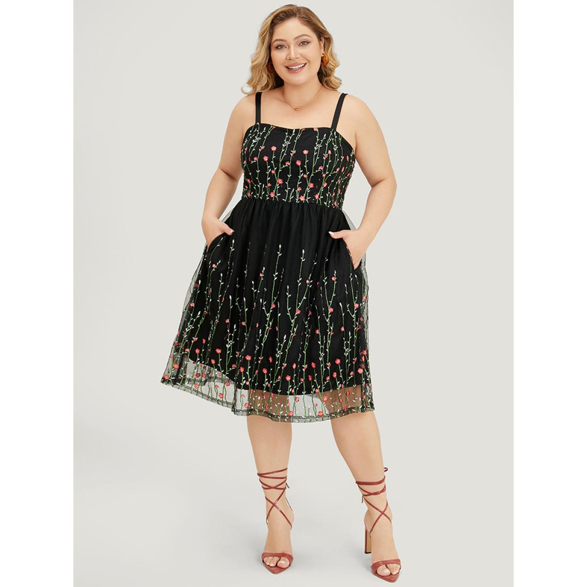 Plus Size Floral Embroidered Mesh Ruffle Hem Pocket Cami Dress Black Women Glamour Adjustable Straps Spaghetti Strap Sleeveless Curvy Knee Dress BloomChic 10/M Product Image