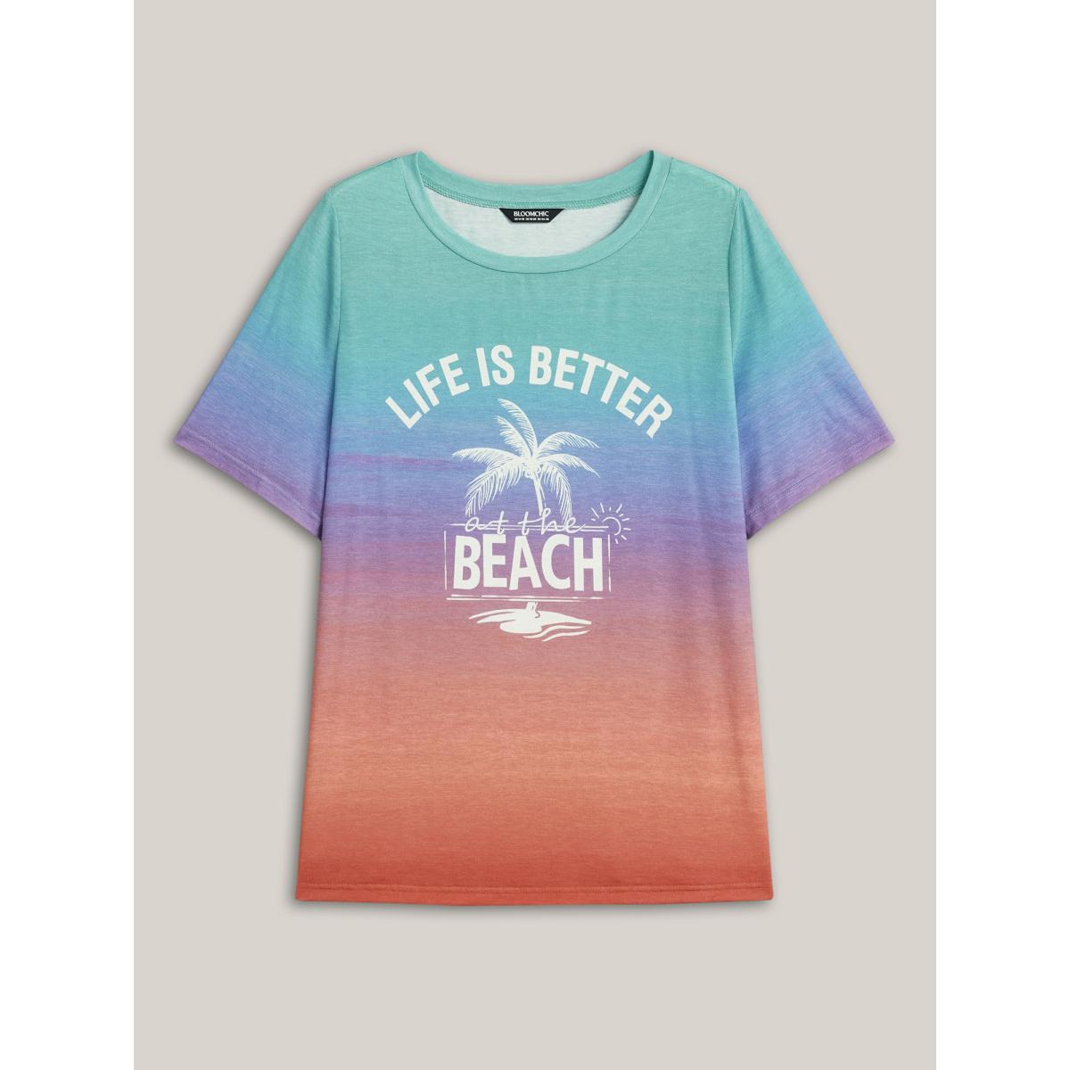 Plus Size Gradient Beach Print Fitted T-Shirt Multicolor Women Playful Contrast Tropical Round Neck Casual T-shirts BloomChic 22-24/3X Product Image