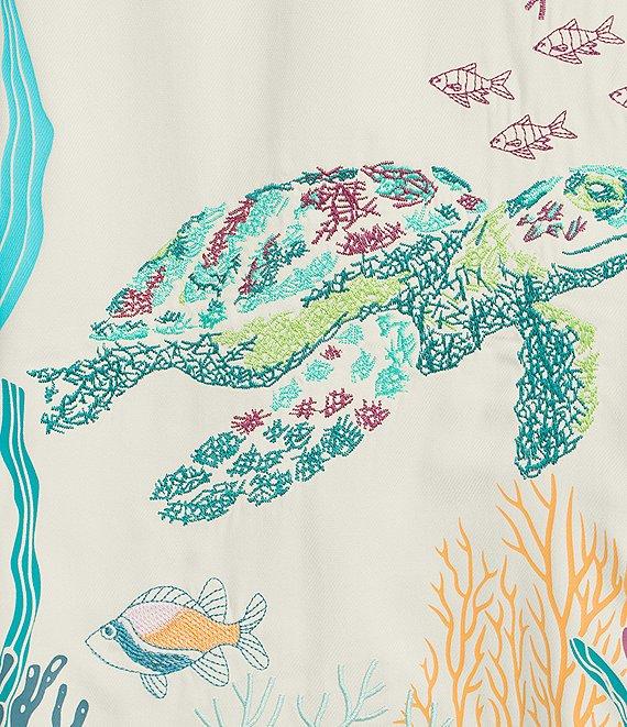 Caribbean Coral Reef Turtle Print Embroidery Short Sleeve Woven Camp Shirt Product Image