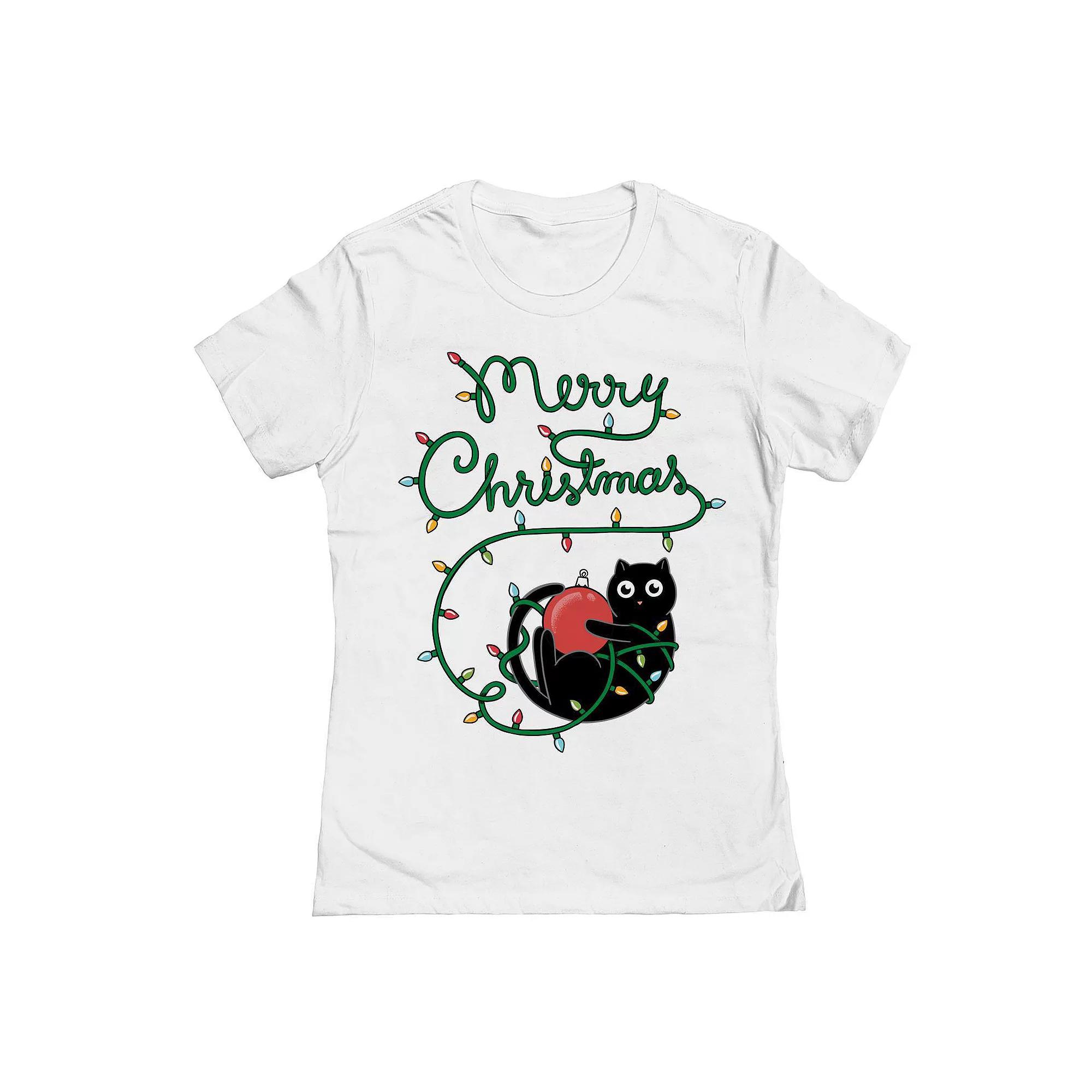 Junior's Cat Merry Christmas Graphic Tee, Women's, Size: Large, White Product Image