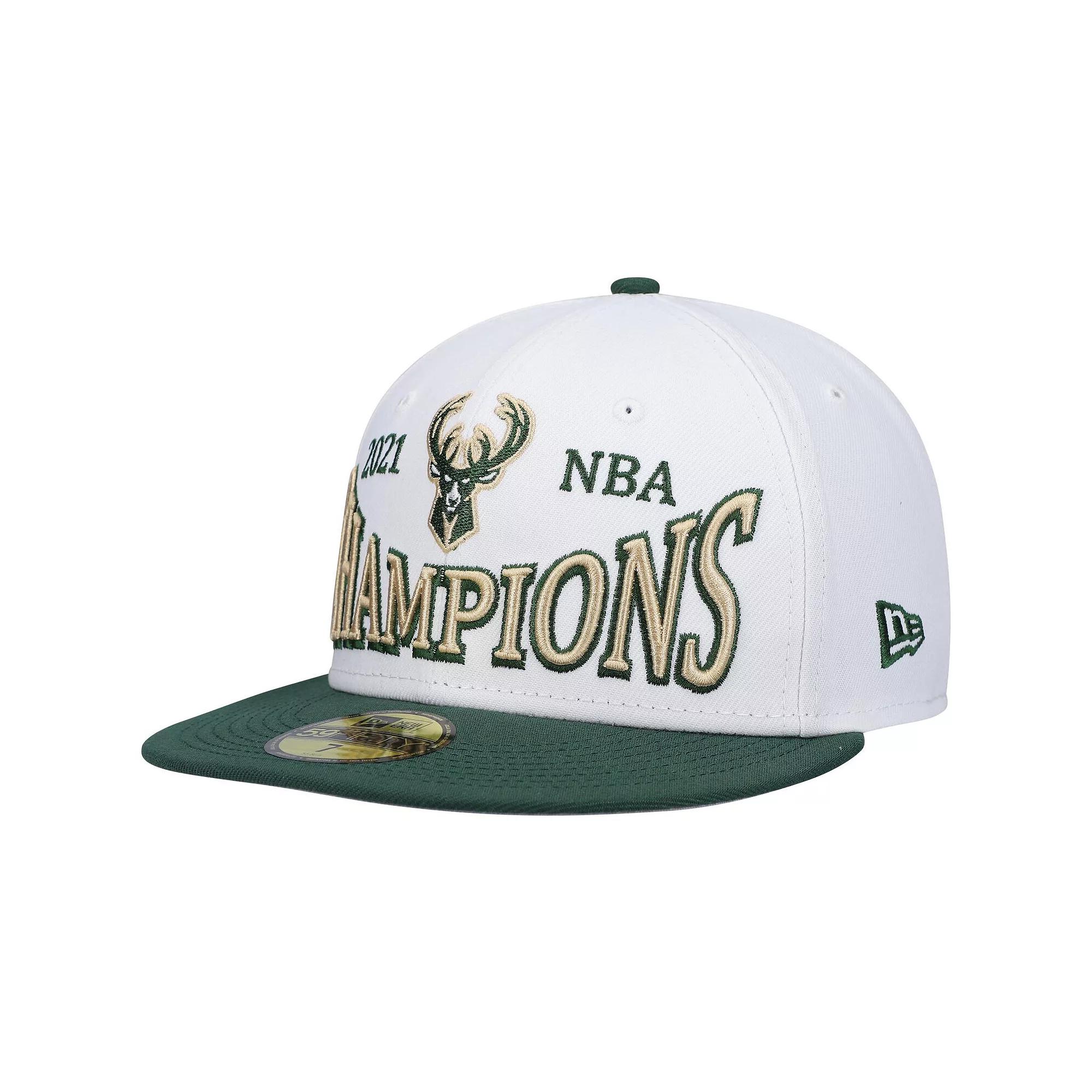 Men's New Era White/Hunter Green Milwaukee Bucks Arch Champs 59FIFTY Fitted Hat, Size: 6 7/8 Product Image