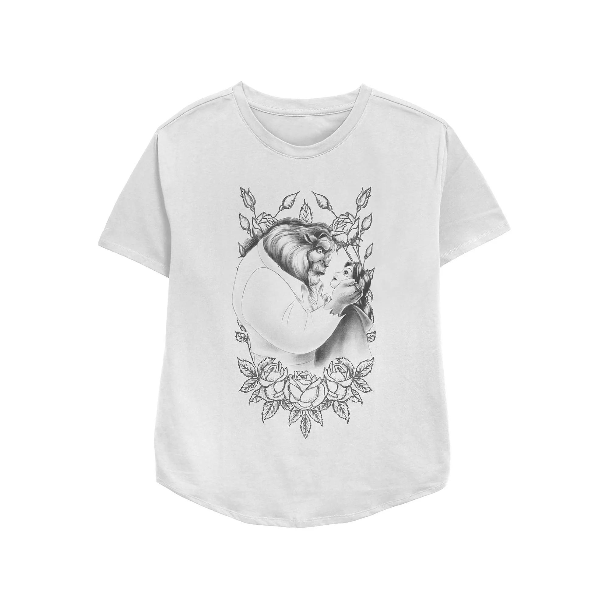Disney's Beauty And The Beast Belle And Beast Women's Rose Sketch Graphic Tee, Size: Small, White Product Image