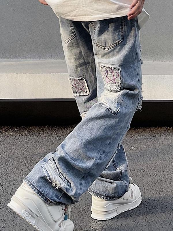 Men's Washed Ripped Burr Straight Leg Jeans Product Image