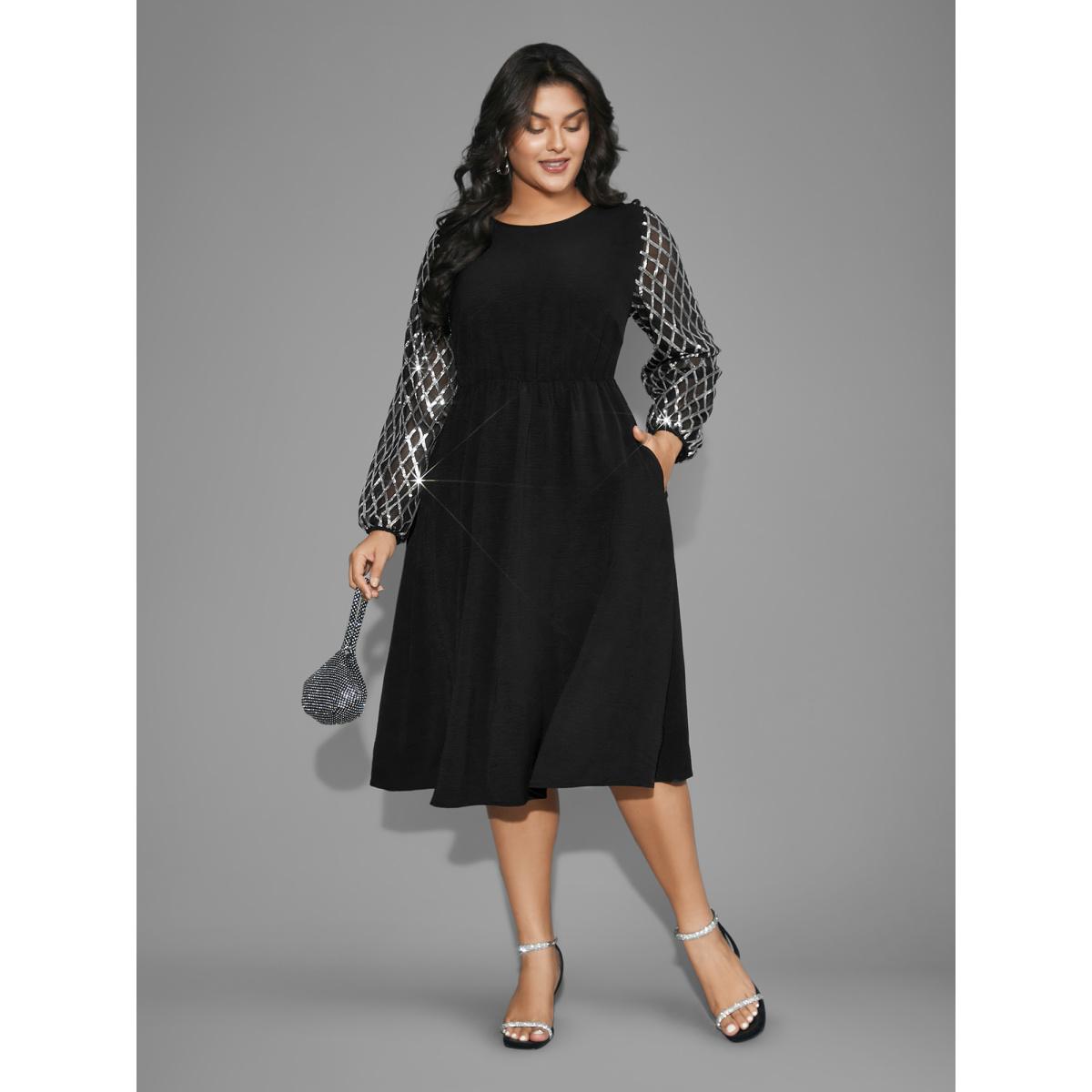 Plus Size Texture Sequin Mesh Patchwork Belted Dress Black Women Party&Cocktail Texture Round Neck Long Sleeve Curvy BloomChic 14-16/1X Product Image