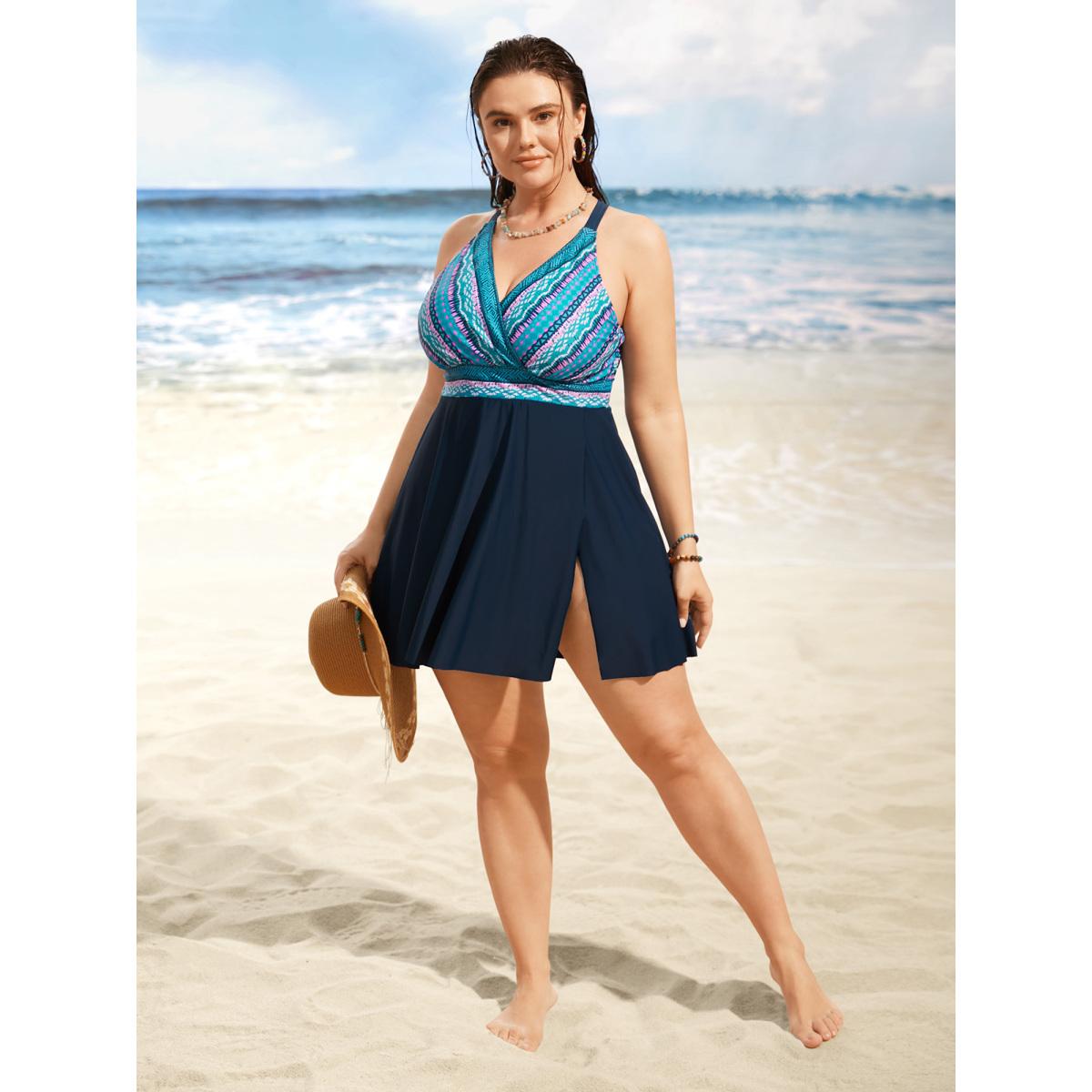 Plus Size Overlap Collar Bandana Patchwork Split Hem Swim Dress Women's Swimwear Indigo Beach Bodycon Overlap Collar High stretch Curve Swim Dresses BloomChic 18-20/2X Product Image