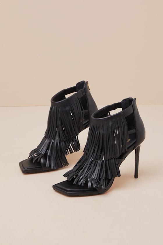 Fringzy Black Fringe High Heel Sandals Product Image