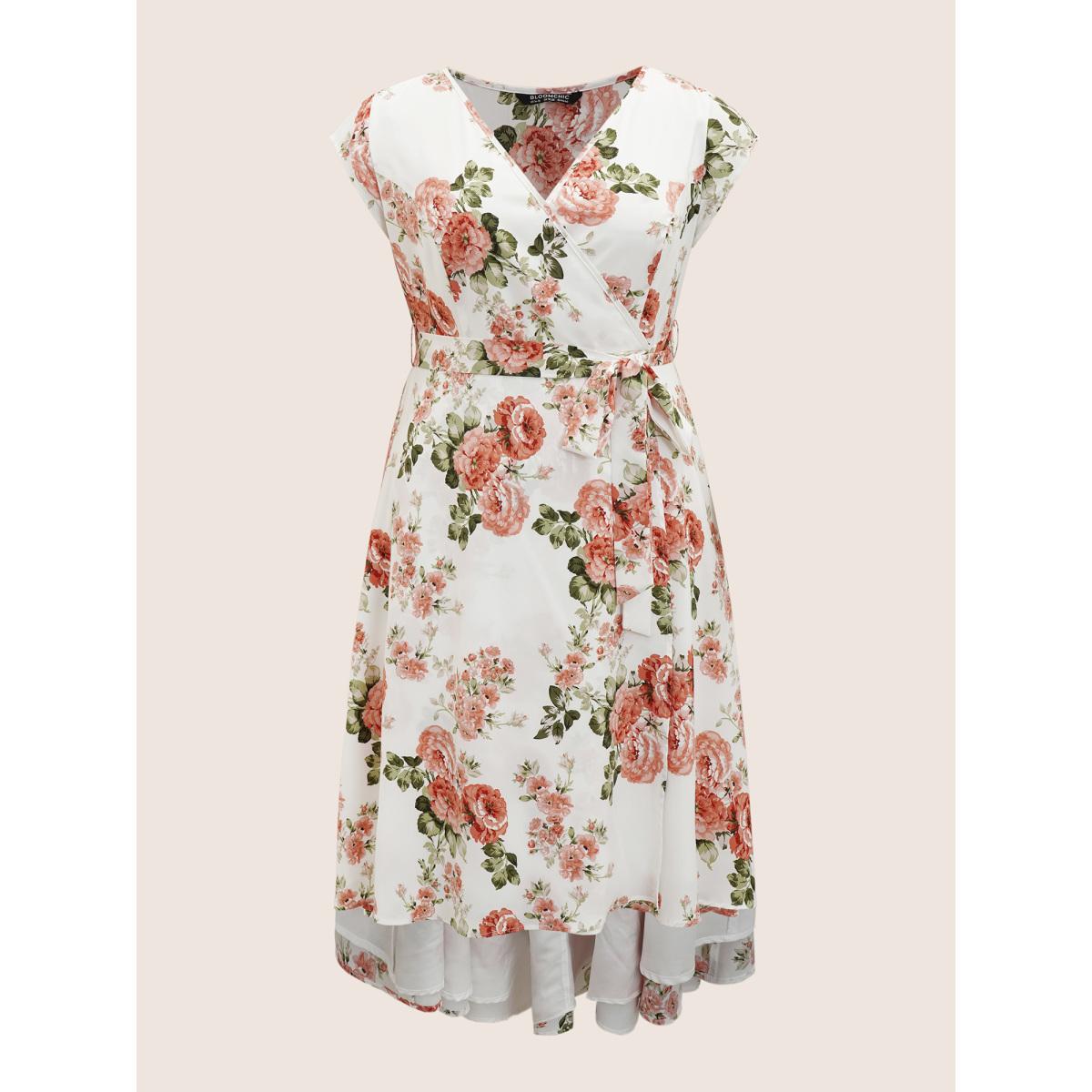 Plus Size Surplice Neck Floral Cap Sleeve Dress Ivory Women Elegant Texture V-neck Cap Sleeve Curvy BloomChic 14-16/1X Product Image