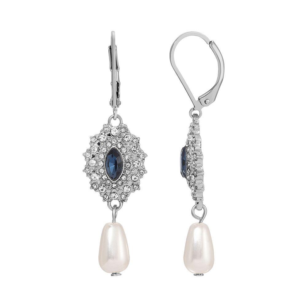 1928 Silver Tone Crystal & Simulated Pearl Starburst Drop Earrings, Women's, Blue Product Image