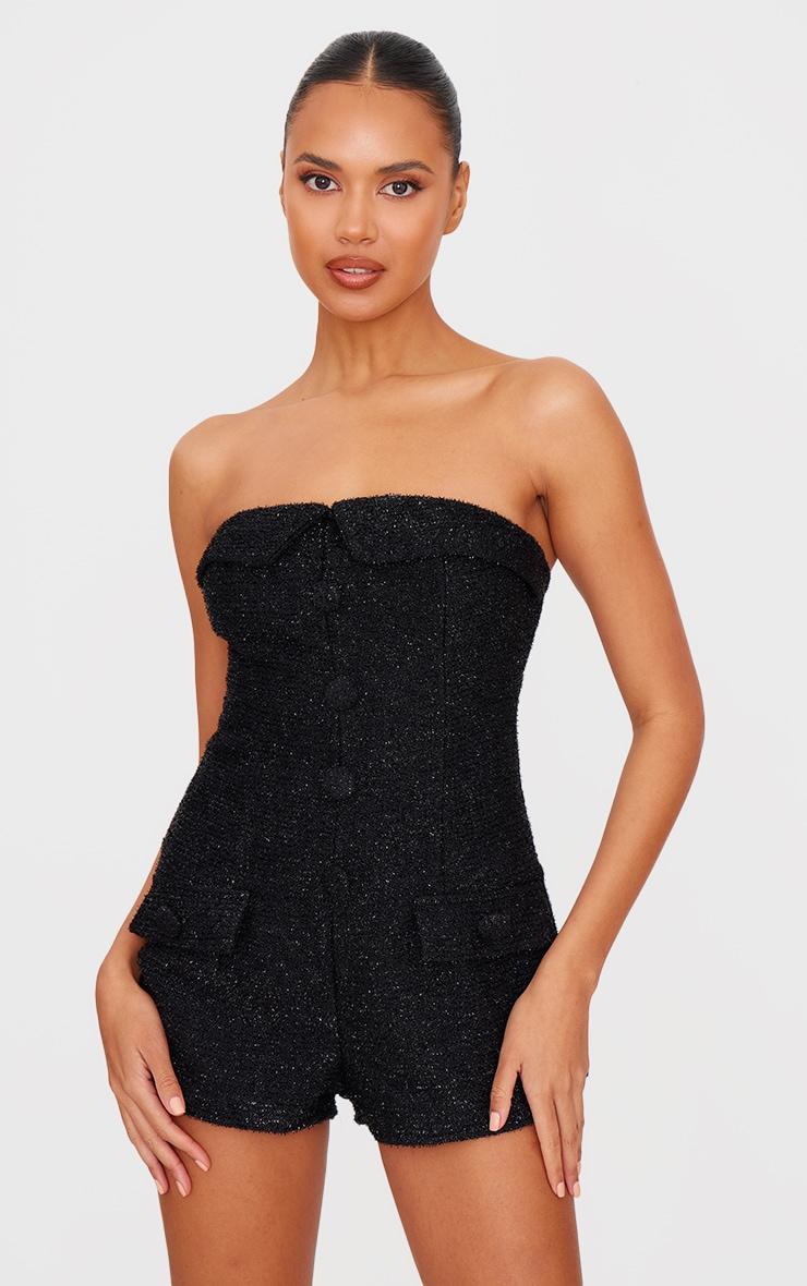 Black Tweed Bandeau Button Detail Romper Product Image