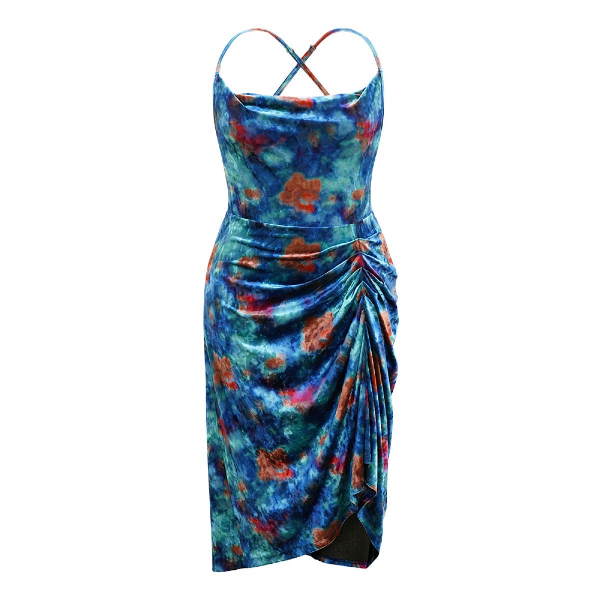 Plus Size Colored Floral Velvet Cowl Neck Ruched Cami Dress Teal Women Party Velvet Cowl Neck Sleeveless Curvy Midi Dress BloomChic 22-24/3X Product Image