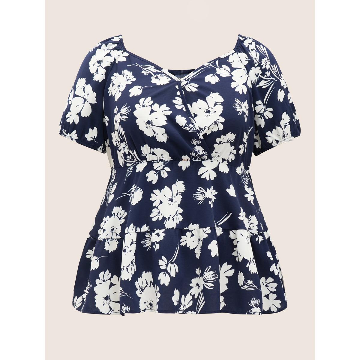 Plus Size Indigo Silhouette Floral Print Surplice Neck Blouse Women Elegant Short sleeve Heart neckline Everyday Blouses BloomChic 28/5X Product Image