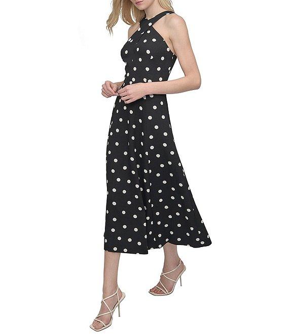 DKNY by Donna Karan Dotted Print Halter Neck Sleeveless A-Line Midi Dress Product Image