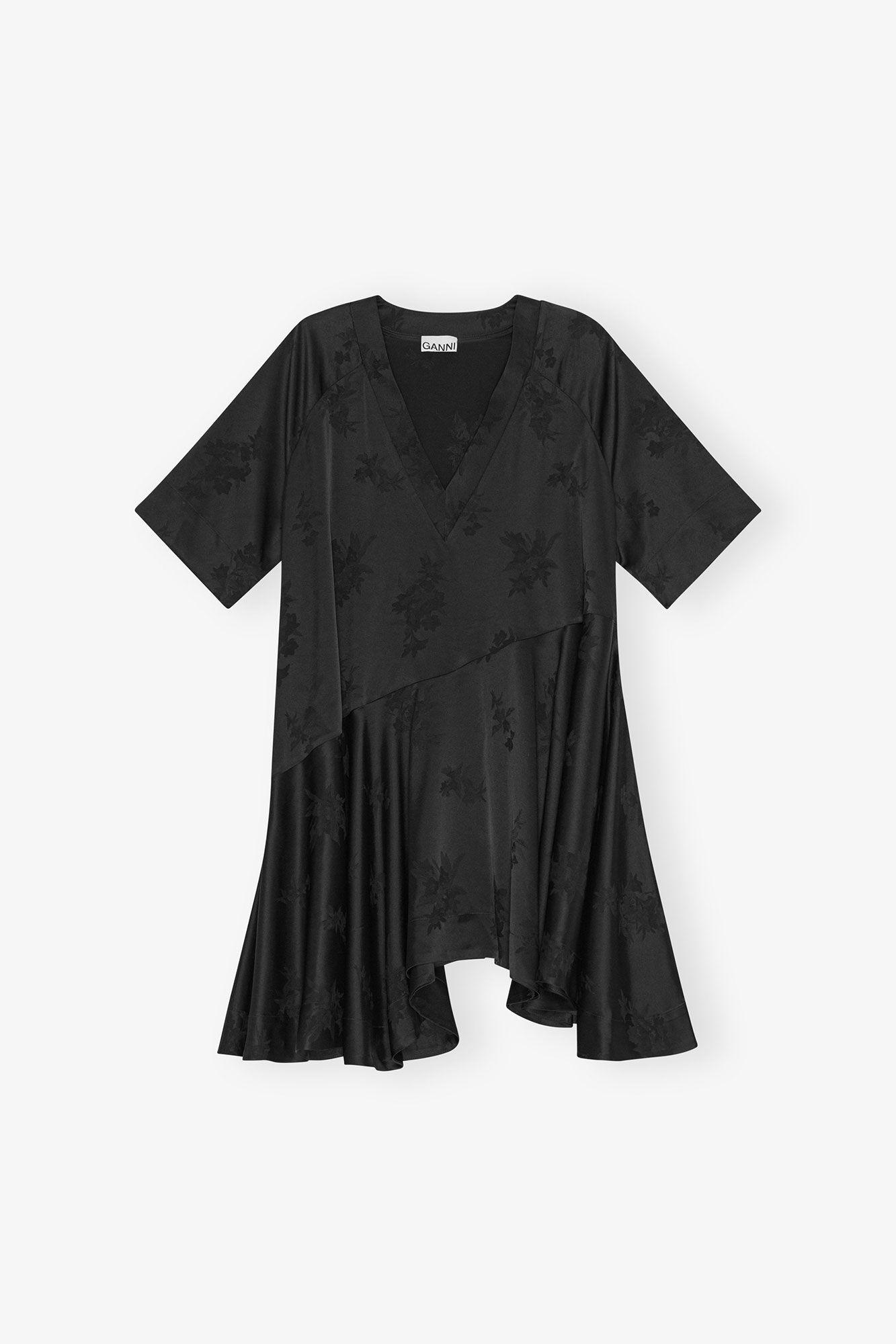 Black Floral Satin Jacquard Oversized Mini Dress Product Image