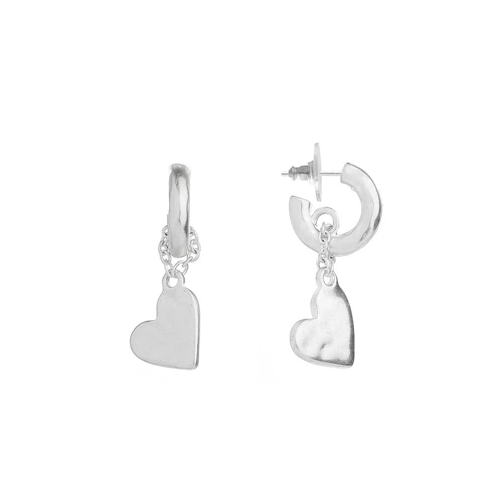 Bella Uno Worn Heart Charm Post Hoop Earrings, Women's, Silver Tone Product Image