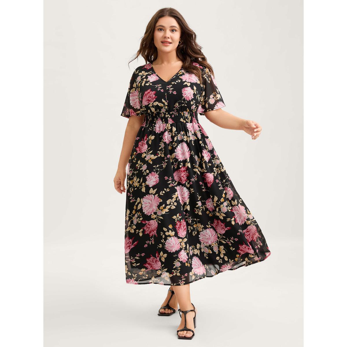 Plus Size Sweet Floral Shirred Waist Cinched Midi Dress Black Women Romantic V-neck Short sleeve Curvy BloomChic 14-16/1X Product Image