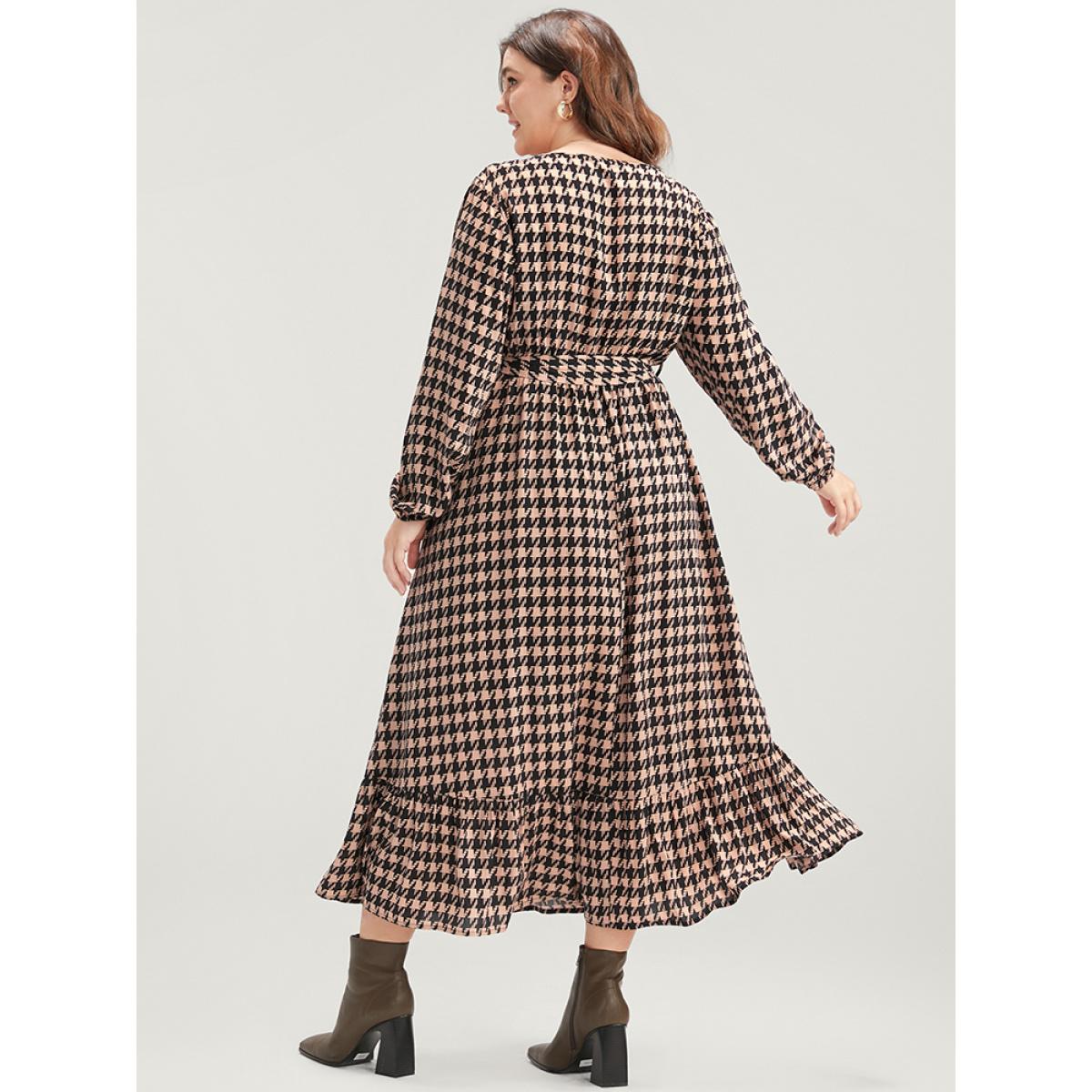 Plus Size Houndstooth V Neck Lantern Sleeve Pocket Belted Ruffles Dress Multicolor Women Elegant Elastic Waist V-neck Long Sleeve Curvy Midi Dress BloomChic 14-16/1X Product Image