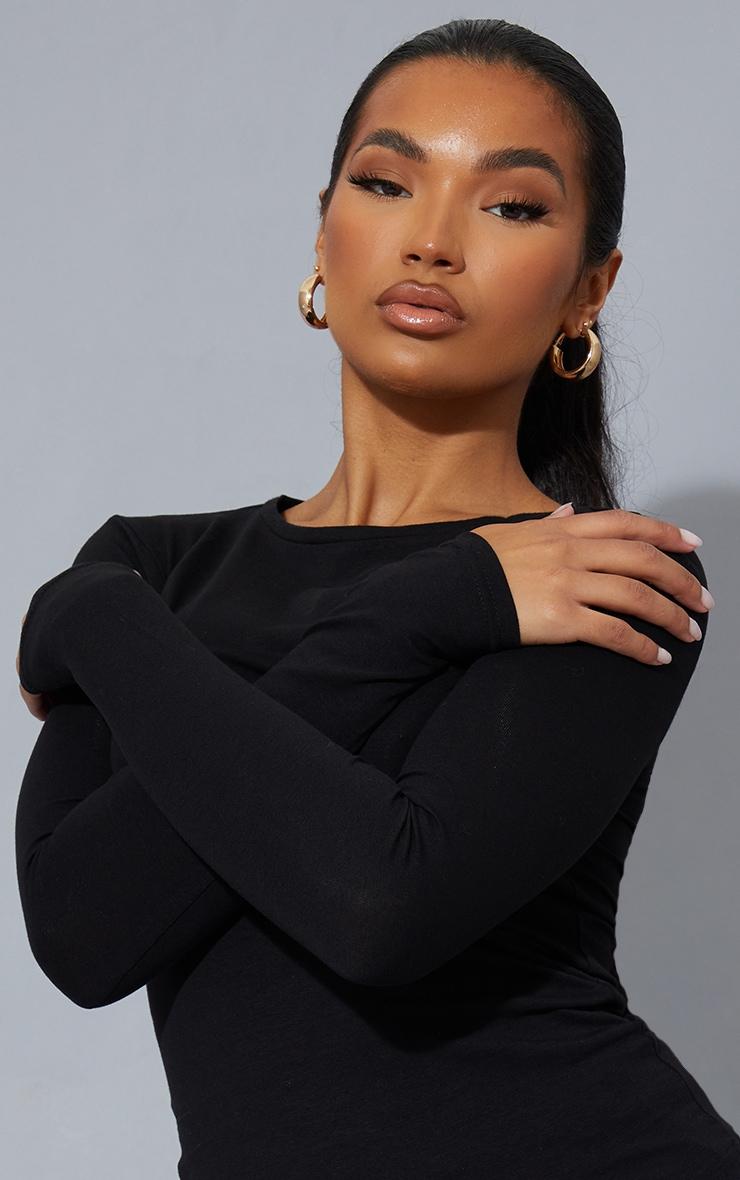 Black Basic Cotton Blend Long Sleeve Fitted T Shirt Product Image