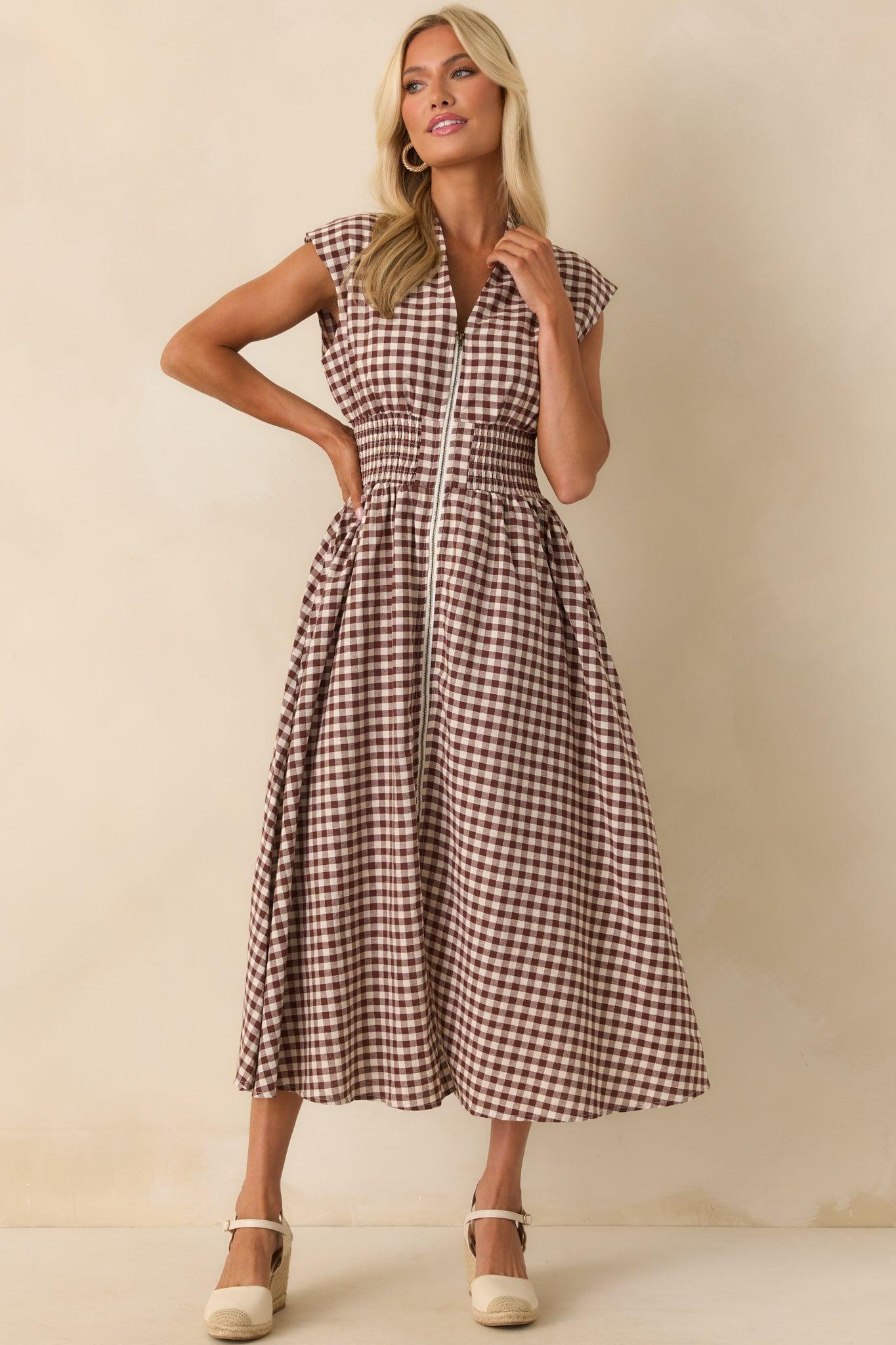 The Evette Brown Gingham Cotton Zip Front Midi Dress Product Image