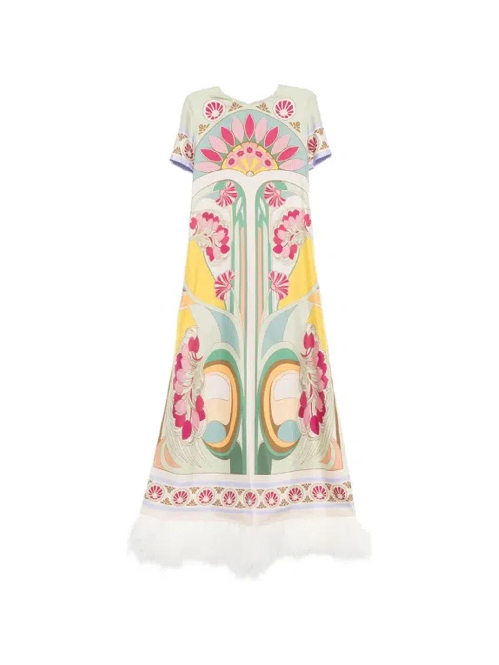 LA DOUBLEJ Swing Feather-trimmed Silk Twill Maxi Dress In Multi Product Image