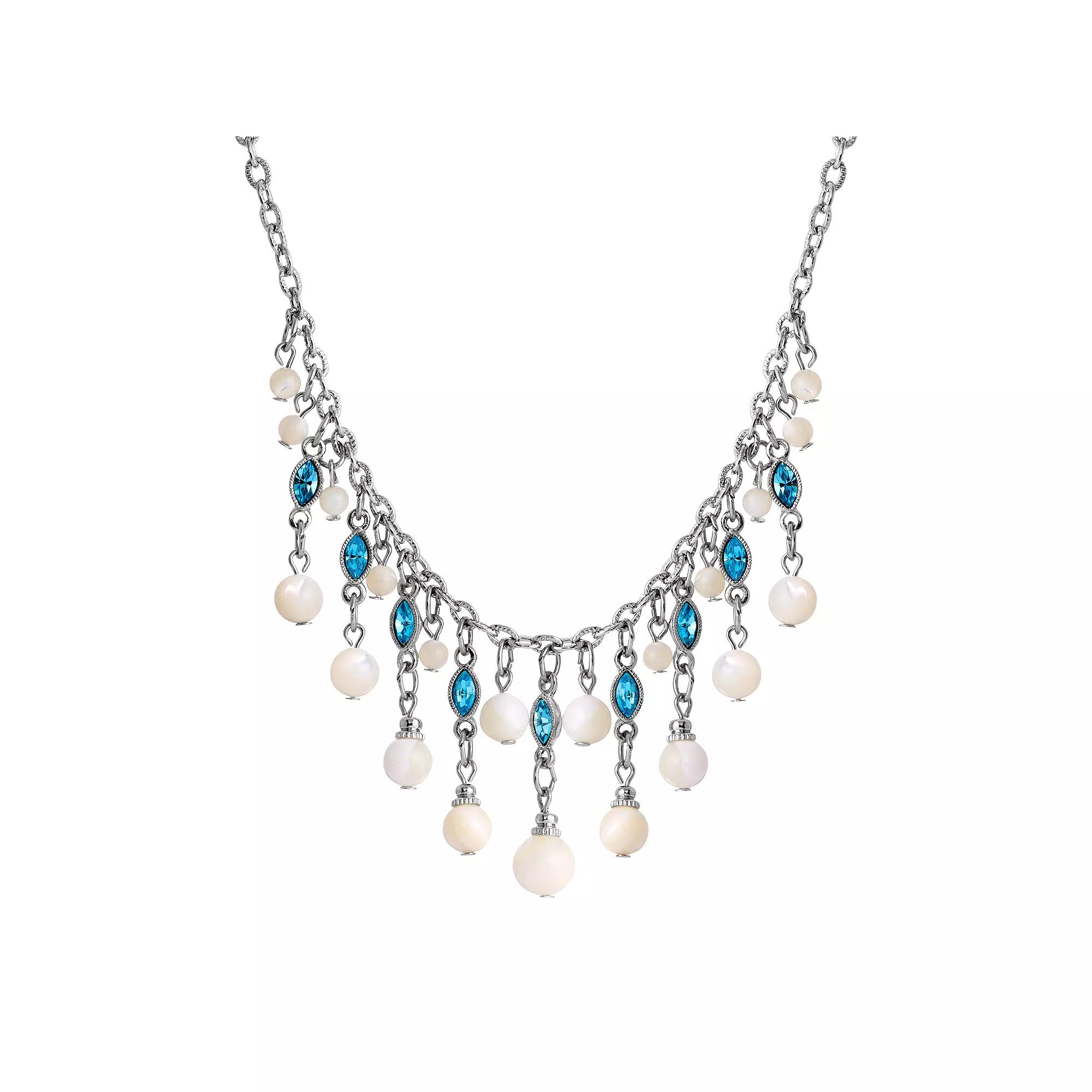 1928 Silver Tone Aqua and Simulated Oval Pearl Necklace, Womens, White Product Image