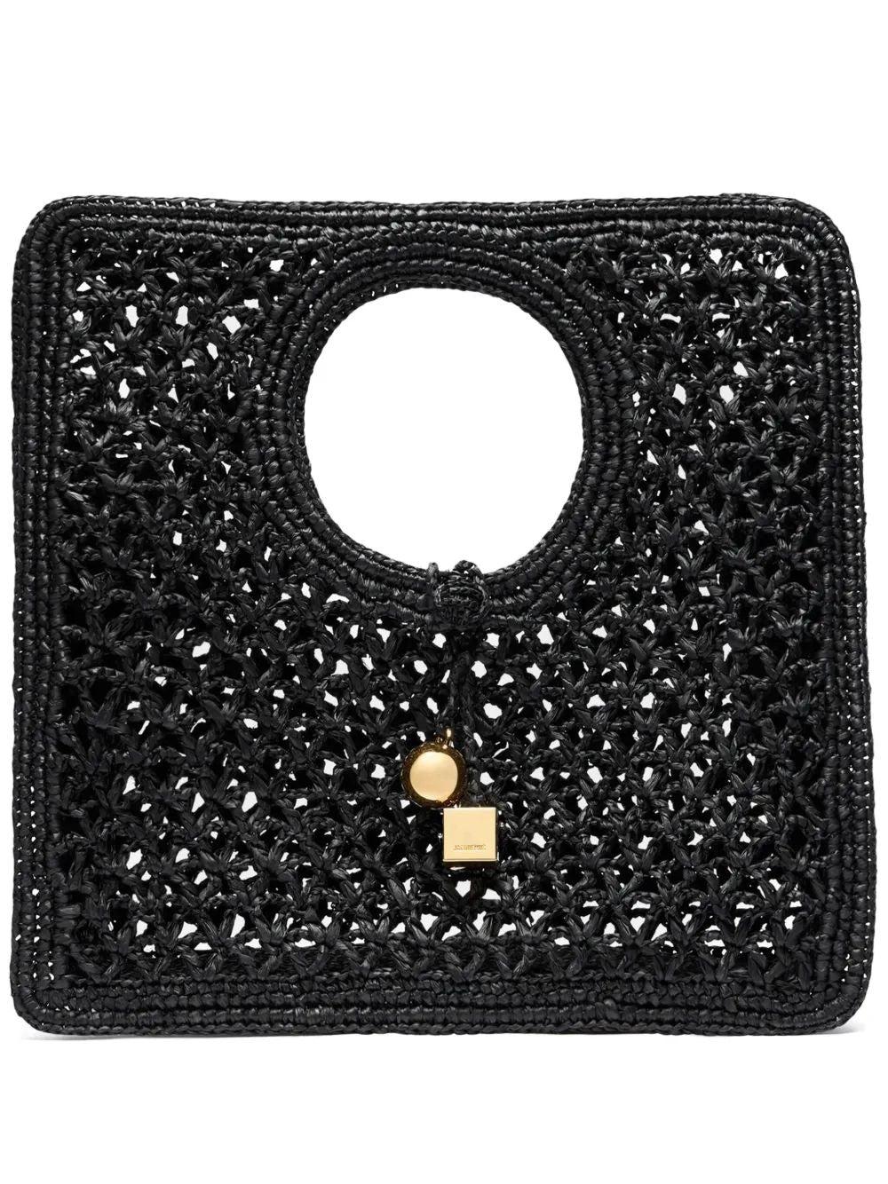 JACQUEMUS Carre Spiaggia Embellished Braided Raffia Tote In Black Product Image