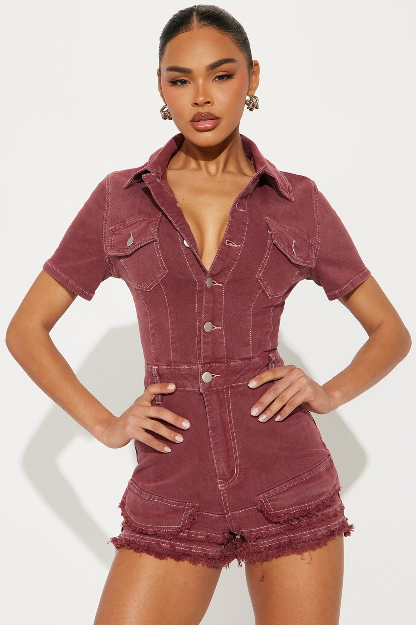 Clara Washed Denim Short Sleeve Romper - Marsala Product Image