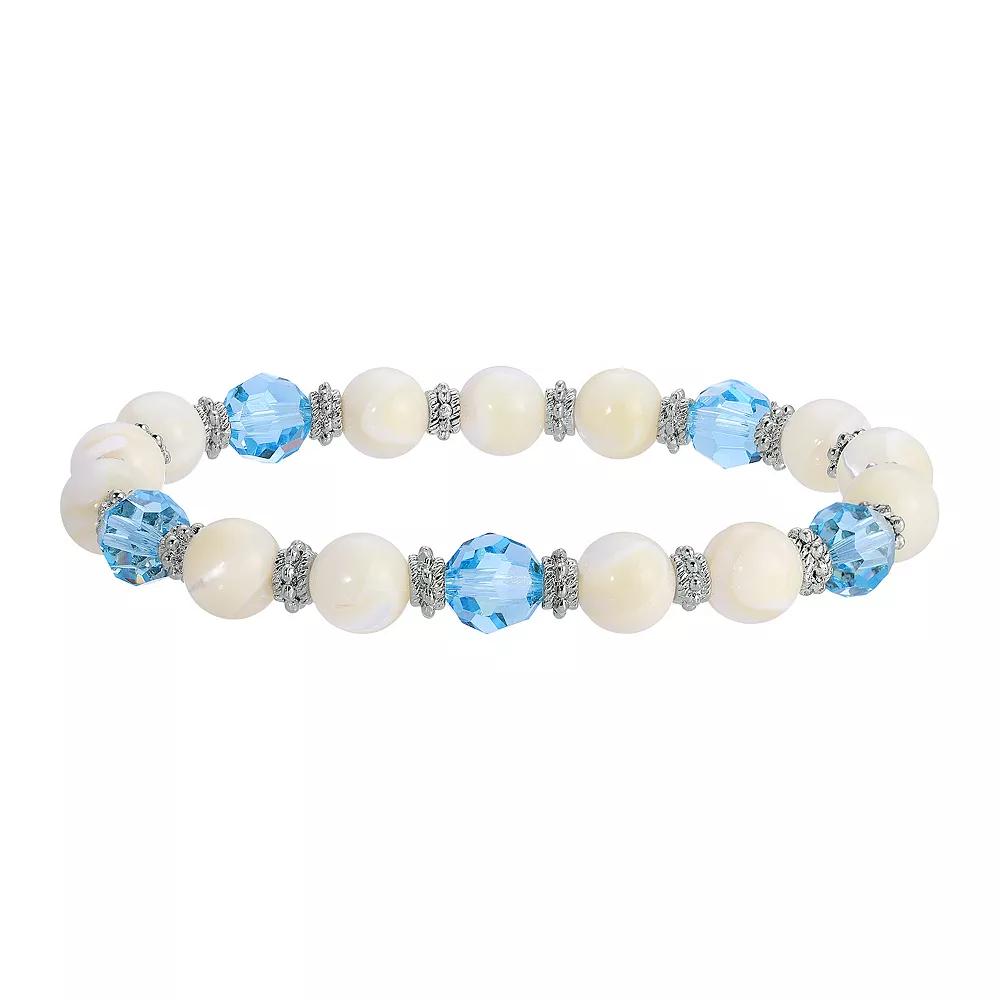 1928 Silver Tone Simulated Mother Of Pearl With Aqua Stone Stretch Bracelet, Womens, White Product Image