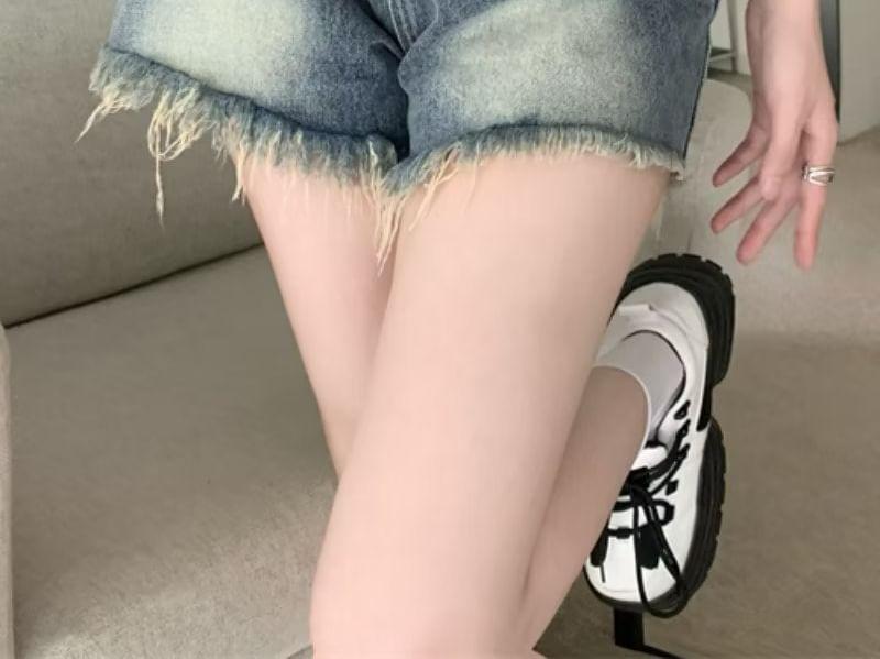 High Waist Washed Distressed Denim Shorts Product Image