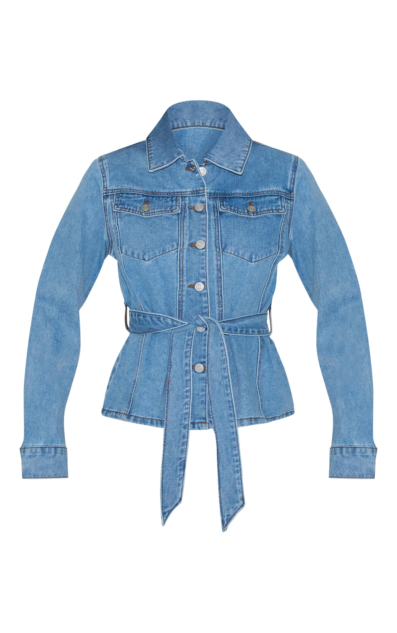 Light Blue Cinched Waist Belted Denim Jacket Product Image