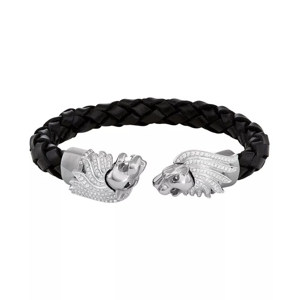 Men's Stainless Steel & Black Leather Cubic Zirconia Lion Cuff Bracelet, Size: 8.5" Product Image