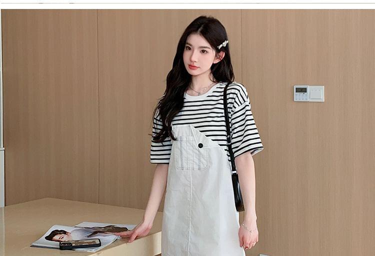 Maternity Elbow-Sleeve Crew Neck Mock Two-Piece Striped Panel Mini Shift Dress Product Image
