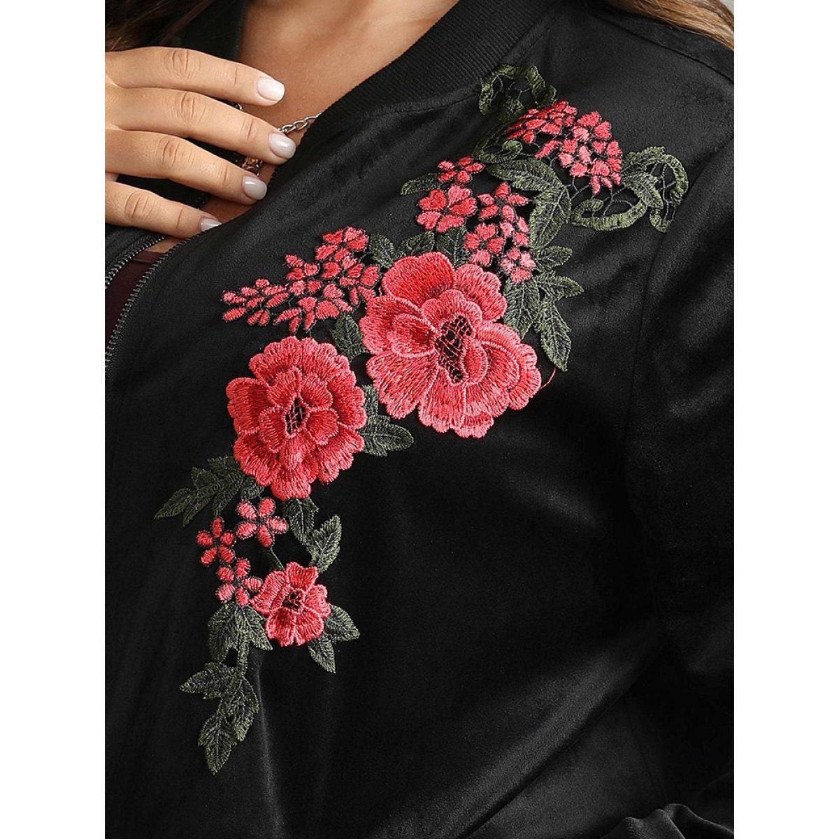 Plus Size Velvet Floral Embroidered Zipper Pocket Bomber Jacket Women Black Contrast Pocket Dailywear Jackets BloomChic 10/M Product Image
