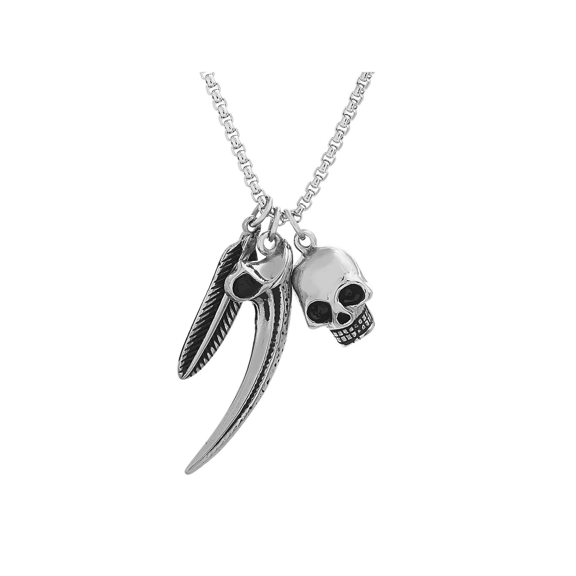 Men's Oxidized Stainless Steel Feather, Horn & Skull Necklace, Size: 24" Product Image