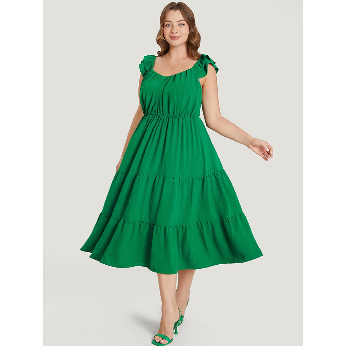 Plus Size Plain Ruffle Tiered Pocket Elastic Waist Cami Dress Green Women Elegant Gathered V-neck Sleeveless Curvy Midi Dress BloomChic 18-20/2X Product Image