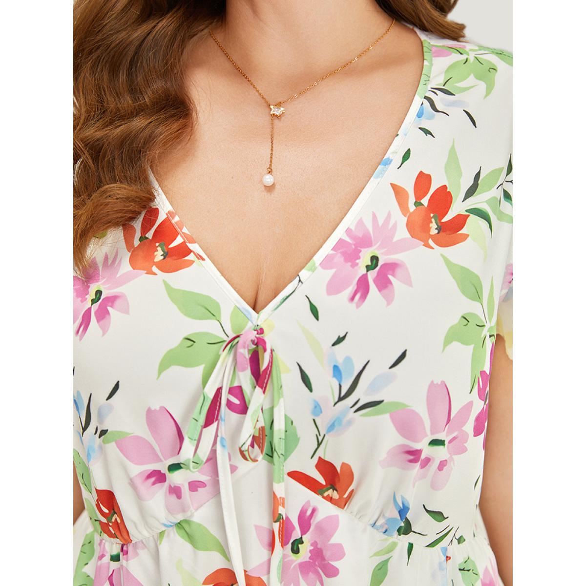 Plus Size Floral Knot Neck Pocket Cap Sleeve Ruffle Trim Dress Multicolor Women Elegant Knotted V-neck Cap Sleeve Curvy Midi Dress BloomChic 30/6X Product Image