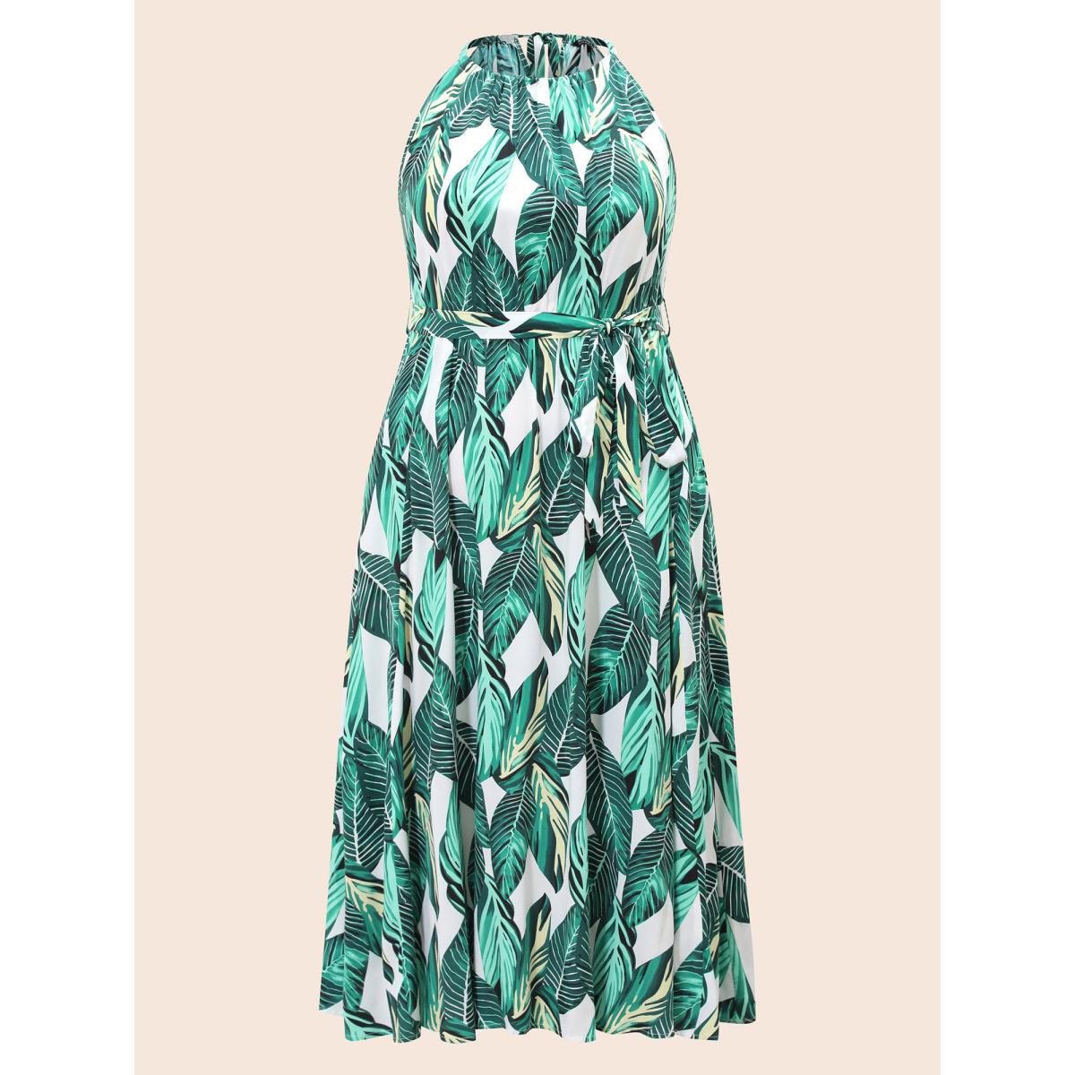 Plus Size Tropical Print Knotted Pocket Ruffles Belted Halter Dress Emerald Women Resort Non Halter neck Sleeveless Curvy Midi Dress BloomChic 18-20/2X Product Image