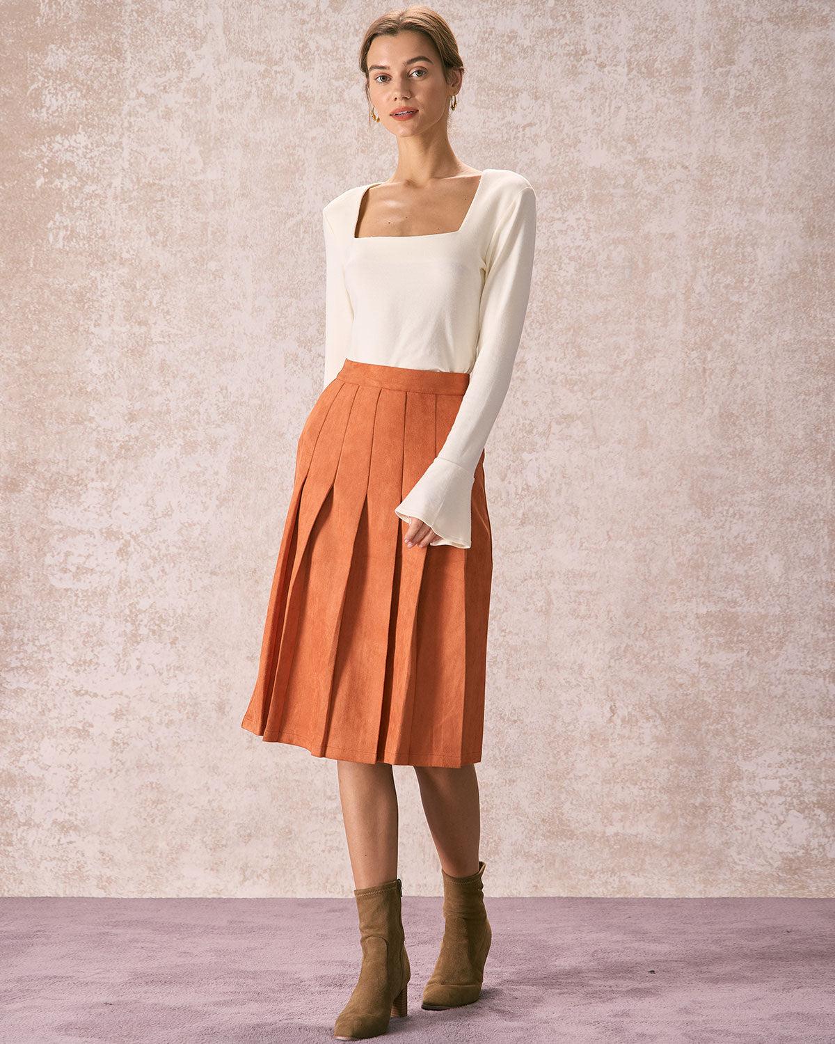 The Orange High Waisted Suede Midi Skirt Product Image