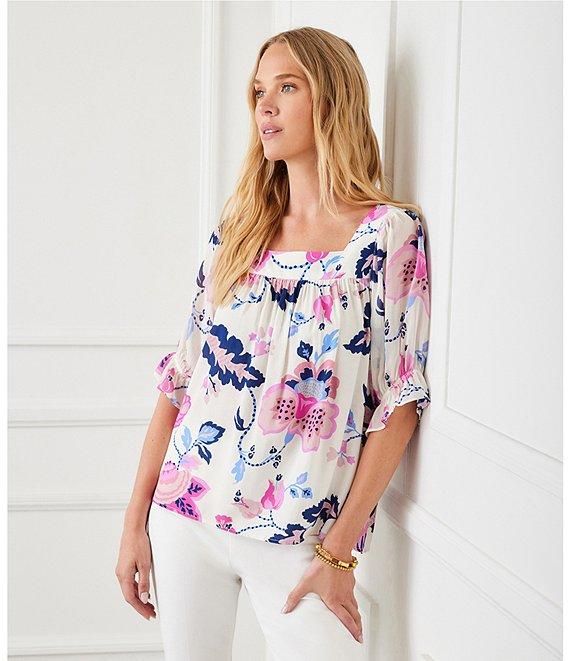 Karen Kane Square Neck Short Sleeve Floral Print Blouse Product Image