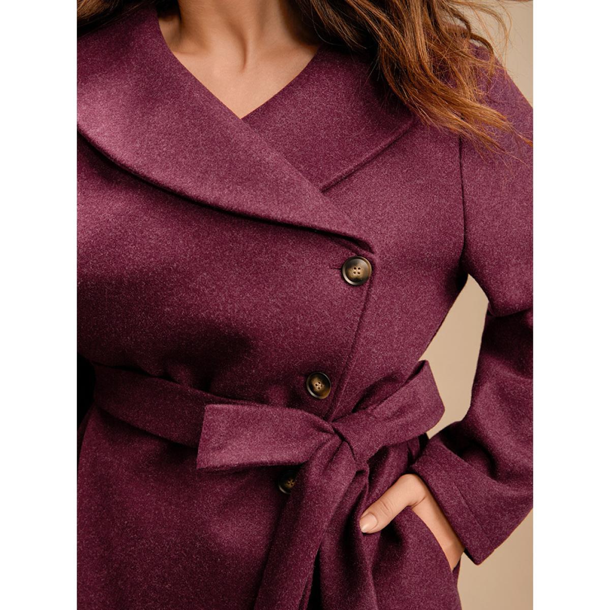 Plus Size Solid Foldover Collar Pocket Asymmetrical Hem Belted Coat Women Burgundy Elegant Cross straps Ladies Dailywear Winter Coats BloomChic 28/5X Product Image