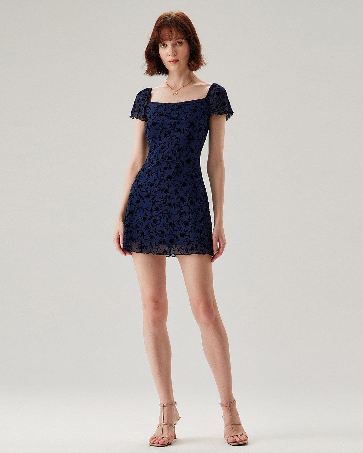 Blue Floral Square Neck Mesh Mini Dress Product Image