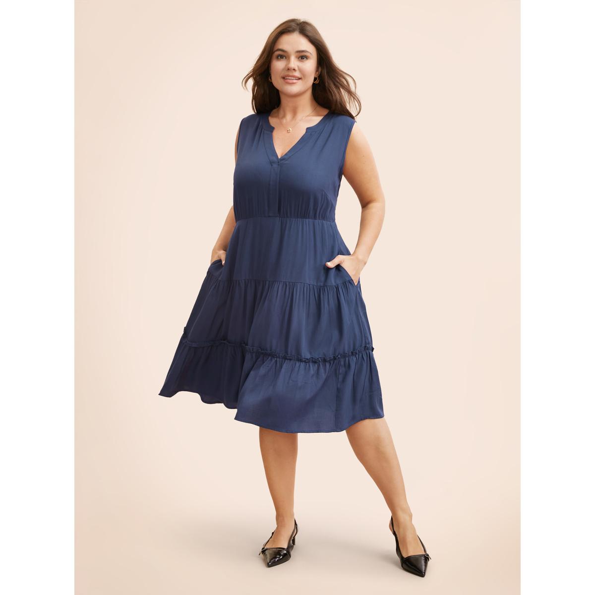 Plus Size Supersoft Essentials Notched Ruffle Layered Hem Sleeveless Dress Indigo Women Elegant Gathered V-neck Sleeveless Curvy Midi Dress BloomChic 18-20/2X Product Image
