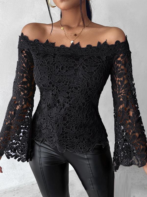 Flared Sleeves Long Sleeves Hollow Solid Color Off-The-Shoulder T-Shirts Tops Product Image