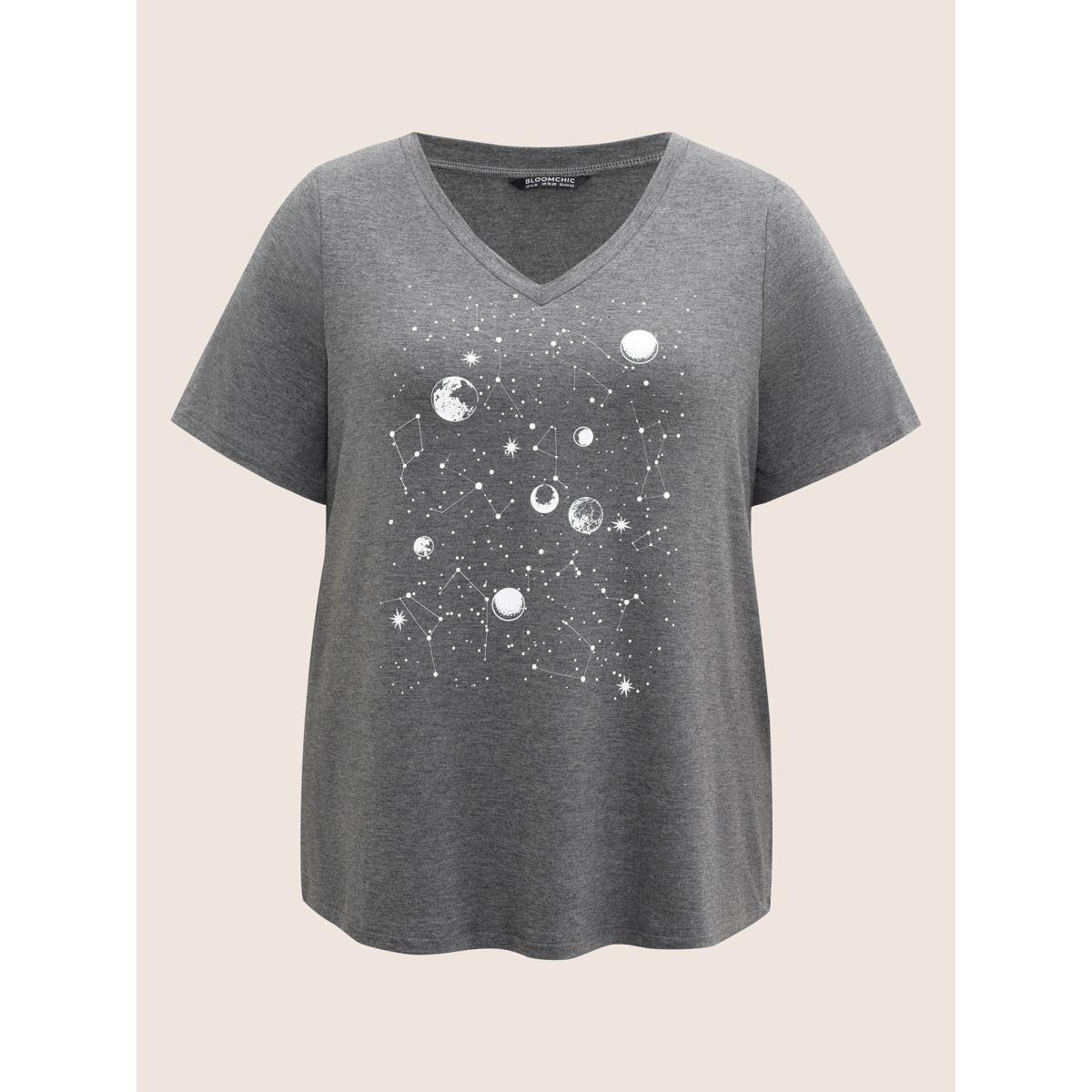 Plus Size Moon and Star Print V Neck T-shirt DimGray Women Casual Non Star and moon V-neck Everyday T-shirts BloomChic 28/5X Product Image
