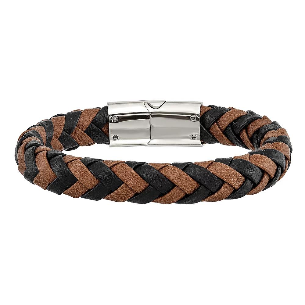 Men's Braided Black & Brown Leather Bracelet, Size: 8.5", Stainless Product Image