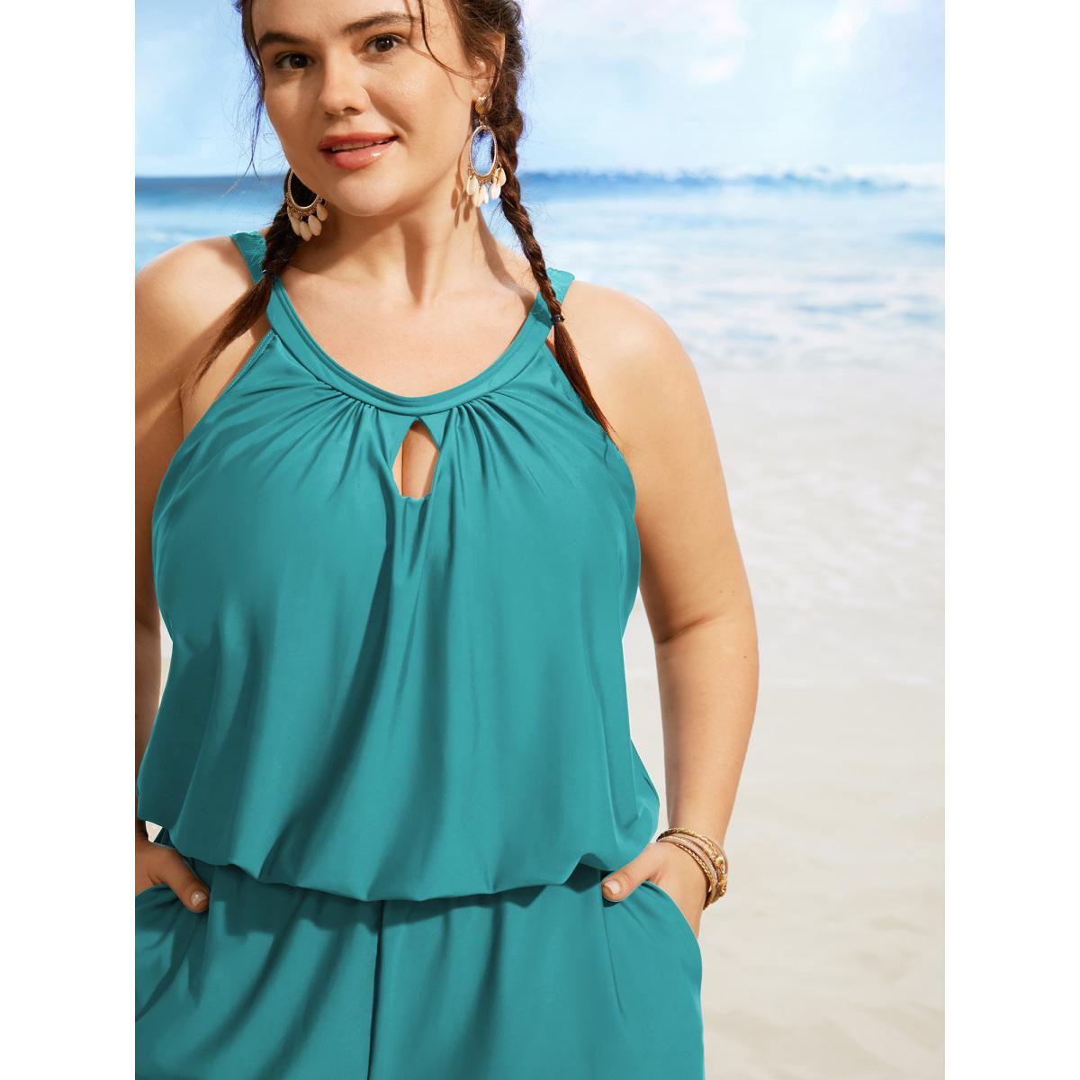 Plus Size Solid Keyhole Elastic Waist Gathered One Piece Swimsuit Women's Swimwear Emerald Resort Gathered Curve Bathing Suits High stretch One Pieces BloomChic 30/6X Product Image